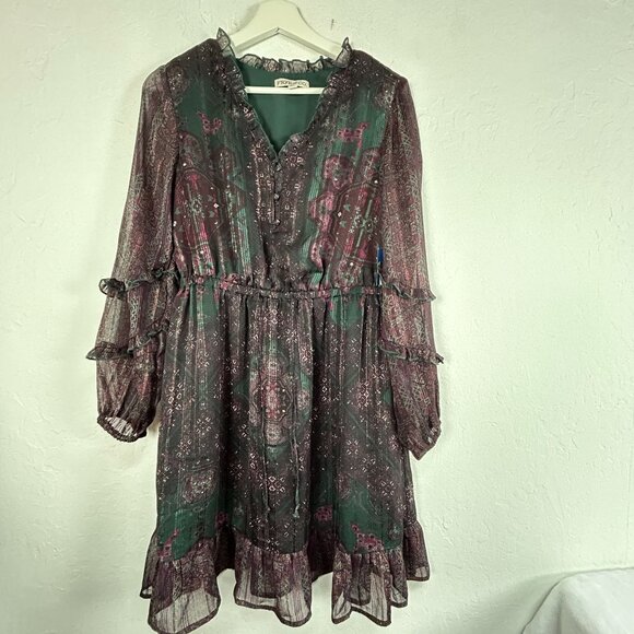 Frye & Co. Boho Chic Paisley Long-Sleeve Mini Dress Small Natural Combo New - Picture 1 of 8
